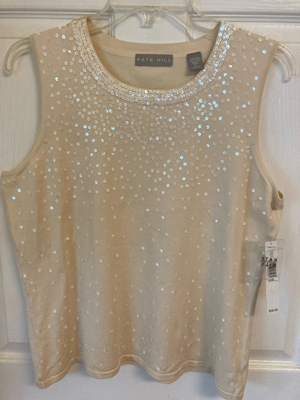 Kate Hill Cream Silk Blend Sequin Tank Top NWT